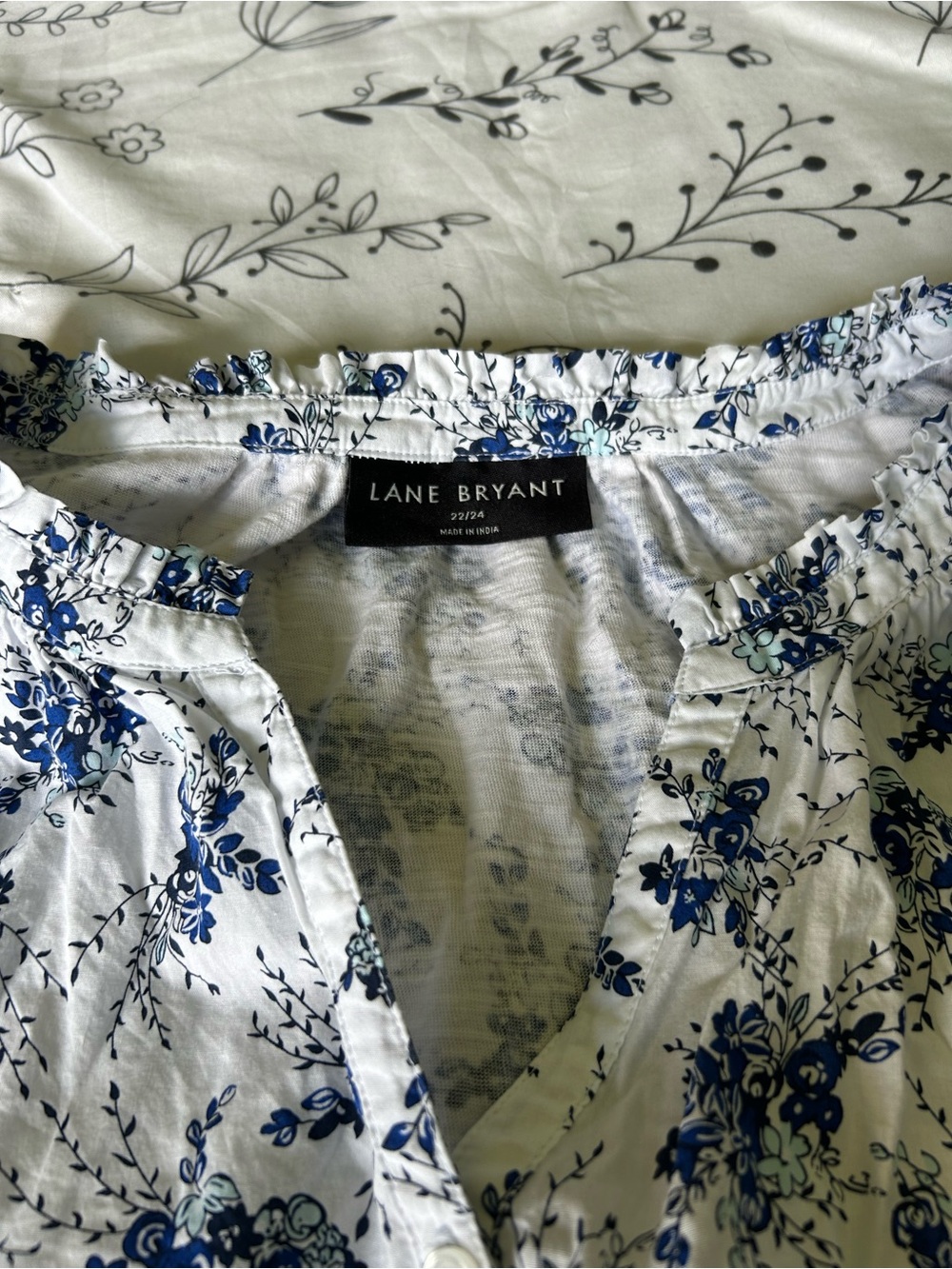 Lane Bryant White Top with Blue Floral Detail